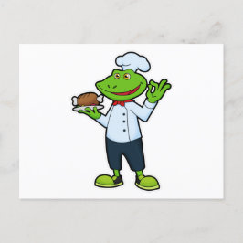 Kikker als kok met serveerschaal & kip briefkaart