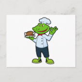 Kikker als kok met serveerschotel en kip briefkaart (Voorkant)