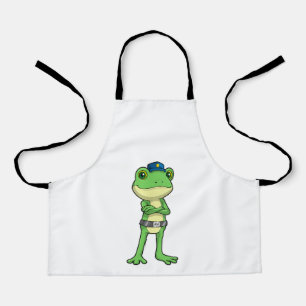 Kikker als politieagent met pet van politie schort