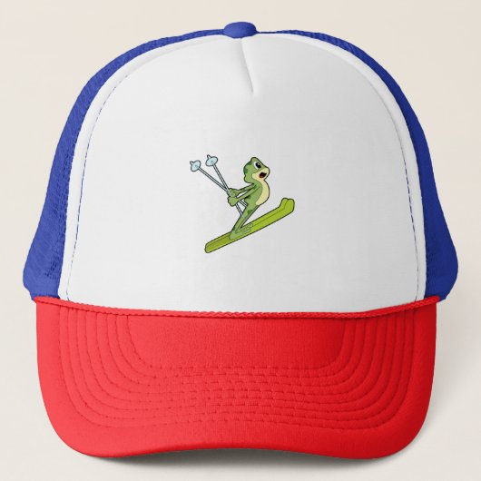 Kikker als skijumper met Ski.PNG Trucker Pet (Voorkant)