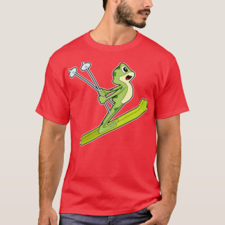 Kikker als skijumper met skiën t-shirt