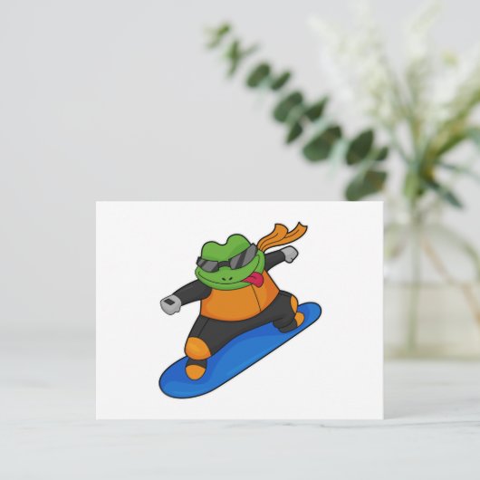 Kikker als sneeuwsurfer met snowboard briefkaart (Staand voorkant)