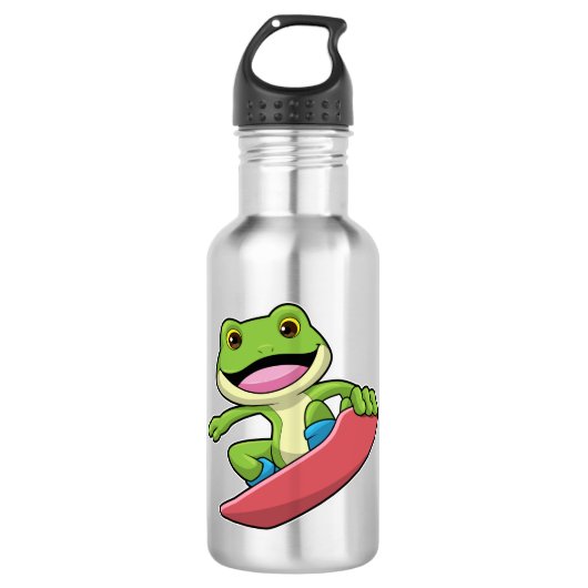 Kikker als Snowboarder met Snowboard Waterfles (Voorkant)