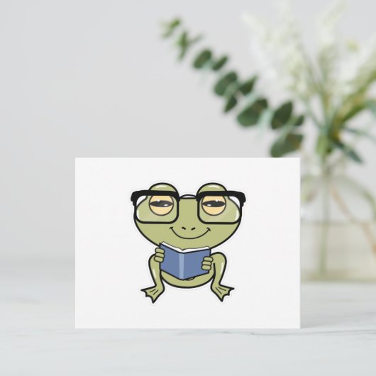 Kikker als student met boek briefkaart (Staand voorkant)