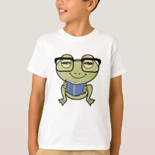 Kikker als student met boek t-shirt