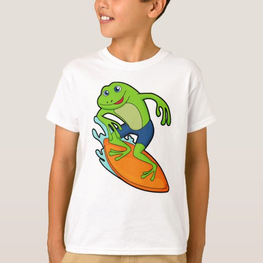 Kikker als surfer met surfplank t-shirt (Voorkant)