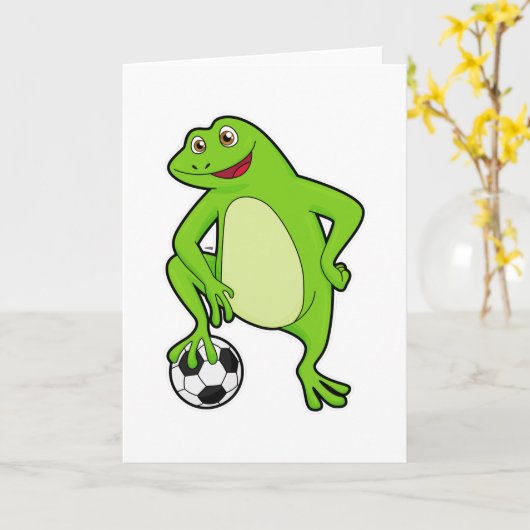 Kikker als voetballer met voetbal kaart (Gele Bloem)