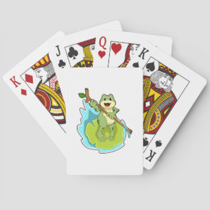 Kikker als wandelaar met stok pokerkaarten