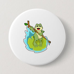 Kikker als wandelaar met stok ronde button 7,6 cm