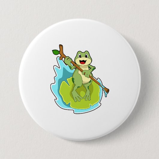 Kikker als wandelaar met stok ronde button 7,6 cm (Voorkant)