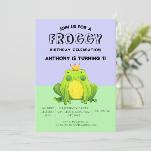 Kikker baby 1e verjaardag groene confetti geperson kaart (Staand voorkant)