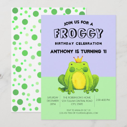 Kikker baby 1e verjaardag groene confetti geperson kaart (Voorkant / Achterkant)