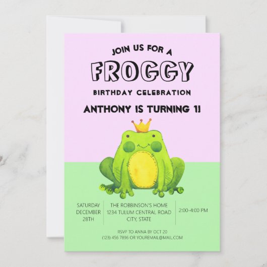 Kikker baby 1e verjaardag groene confetti geperson kaart (Voorkant)