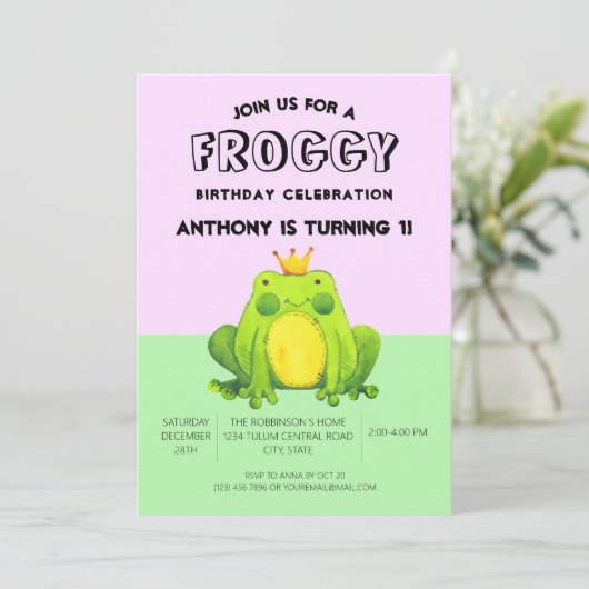 Kikker baby 1e verjaardag groene confetti geperson kaart (Staand voorkant)