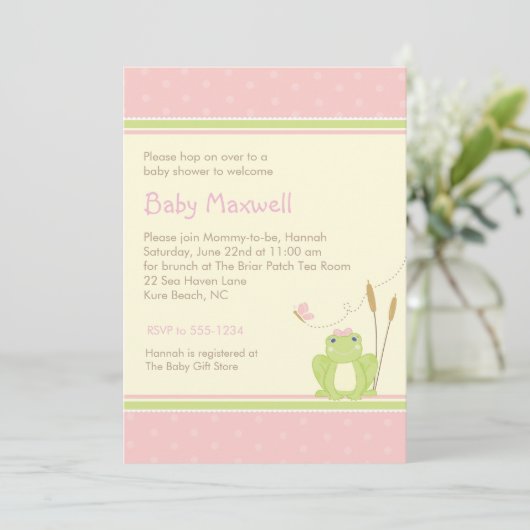 Kikker Baby Girl Shower Invitation - Roze en Groen Kaart (Staand voorkant)