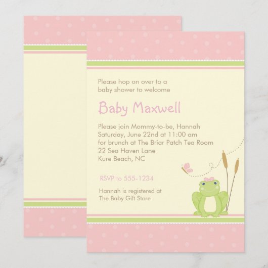 Kikker Baby Girl Shower Invitation - Roze en Groen Kaart (Voorkant / Achterkant)