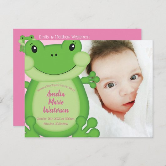 Kikker Baby shower Roze Briefkaart (Voorkant / Achterkant)