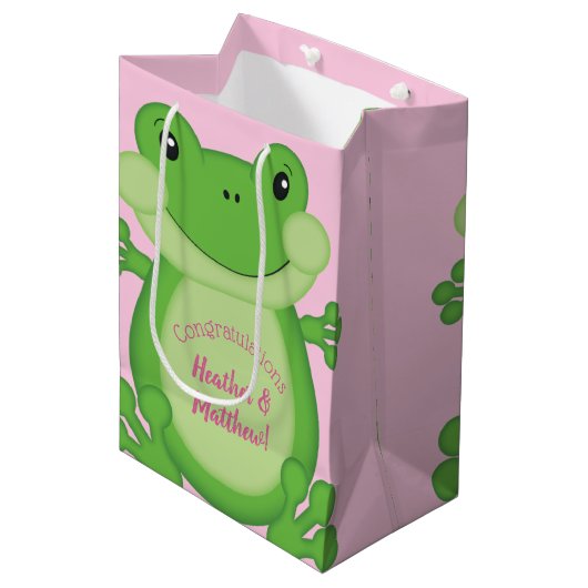 Kikker Baby shower Roze Medium Cadeauzakje (Voorkant Gekanteld)