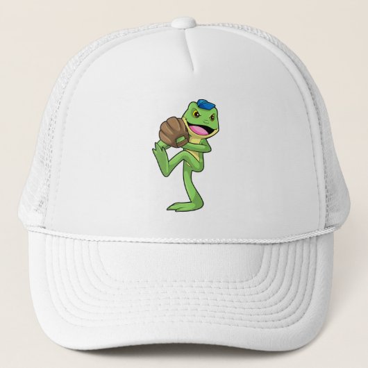 Kikker bij honkbal met handschoenen trucker pet (Voorkant)