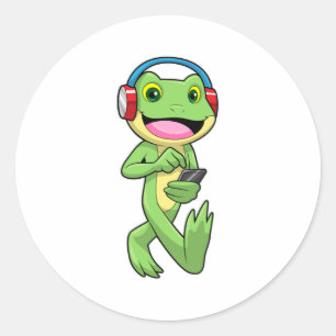 Kikker bij muziek met hoofdtelefoon ronde sticker