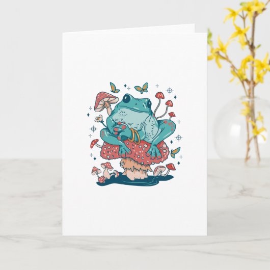 Kikker die op een champignonkern uitspringt kaart (Gele Bloem)