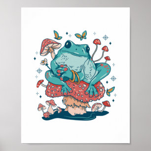 Kikker die op een champignonkern uitspringt poster