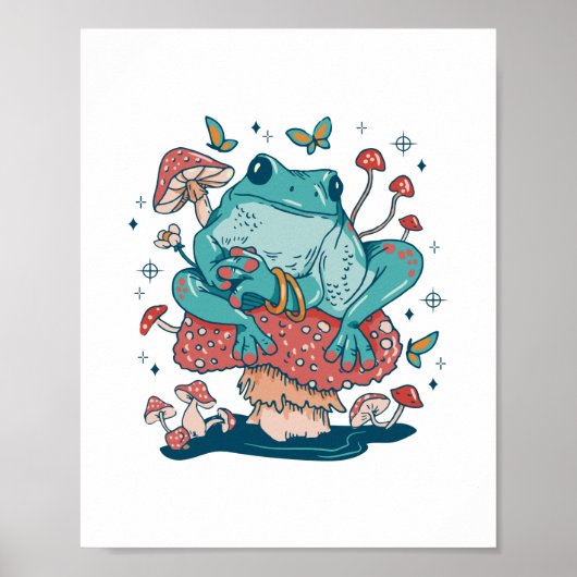 Kikker die op een champignonkern uitspringt poster (Voorkant)