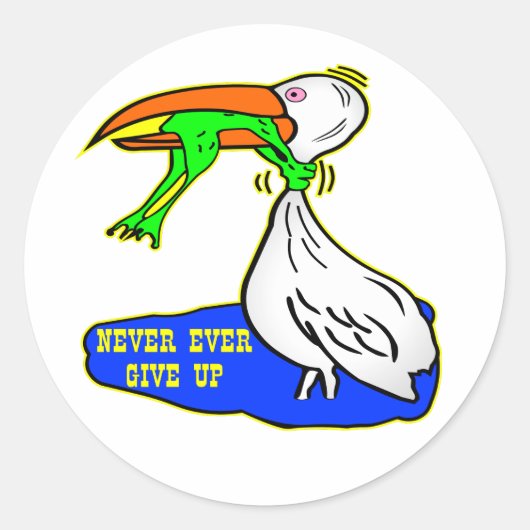 Kikker die vogel koelt, geeft nooit op ronde sticker (Voorkant)