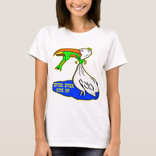 Kikker die vogel koelt, geeft nooit op t-shirt