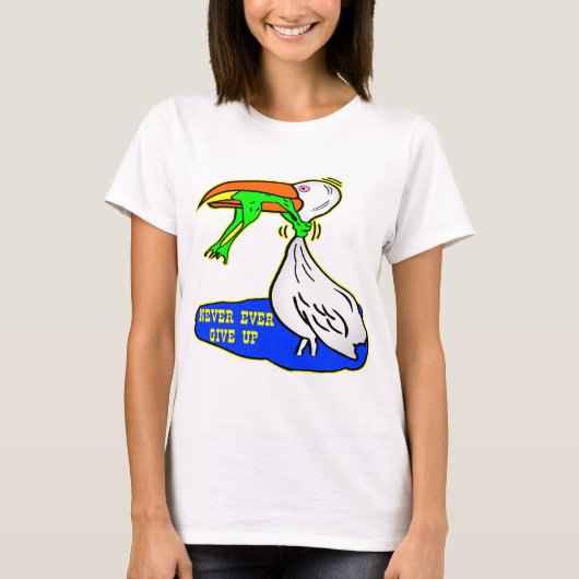 Kikker die vogel koelt, geeft nooit op t-shirt (Voorkant)
