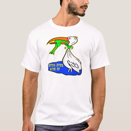 Kikker die vogel koelt, geeft nooit op t-shirt (Voorkant)