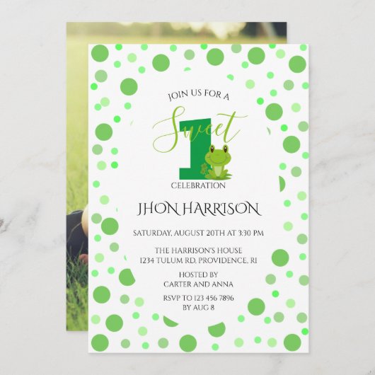 Kikker Eerste verjaardag Stip Uitnodiging (Voorkant / Achterkant)