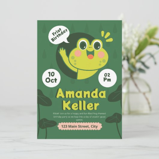 Kikker Eerste Verjaardag Uitnodiging (Staand voorkant)