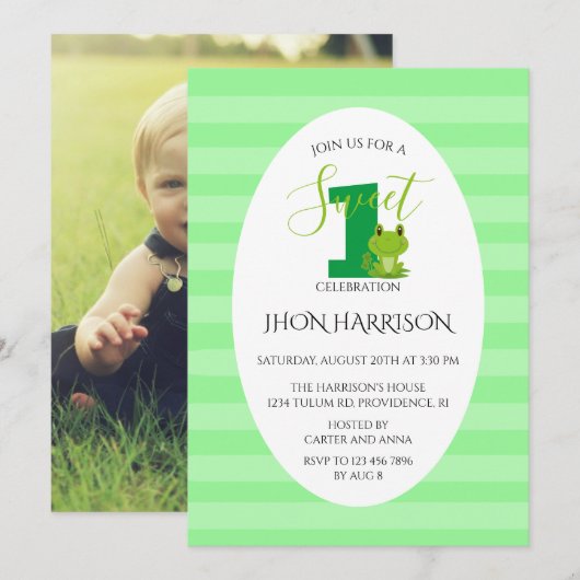 Kikker Eerste verjaardag Uitnodiging Stripes (Voorkant / Achterkant)