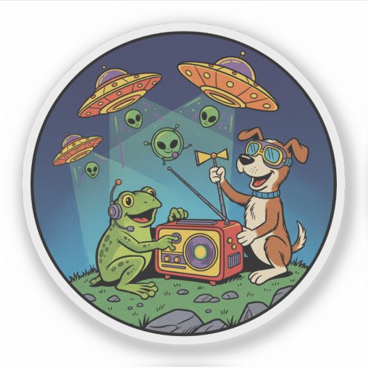 Kikker en Hond Alien Jagers - Kosmische Radio Sticker (Voorkant)