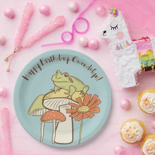 Kikker en paddenstoelen Katoen, speciaal aangepast Papieren Bordje (Feest)