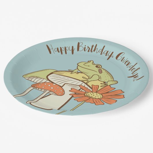 Kikker en paddenstoelen Katoen, speciaal aangepast Papieren Bordje (Gekanteld)