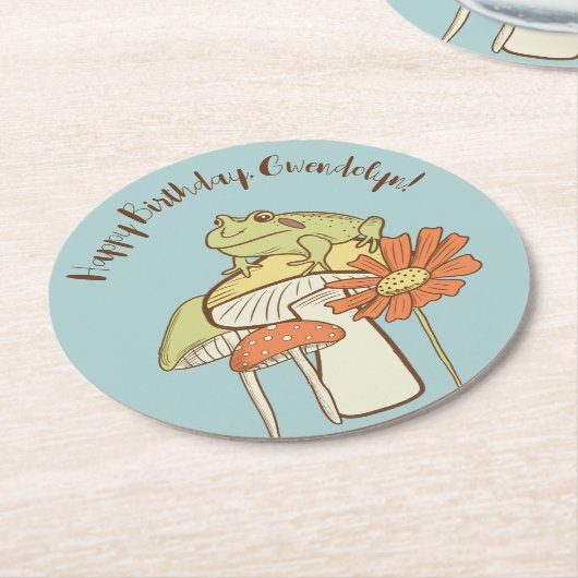 Kikker en paddenstoelen Katoen, speciaal aangepast Ronde Kartonnen Onderzetter (Gebogen)