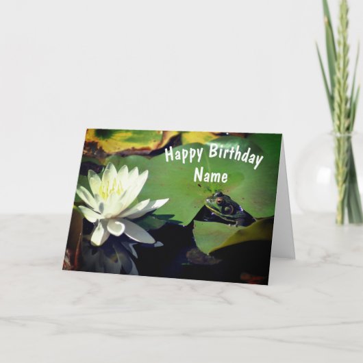 Kikker en waterleliebloem gepersonaliseerde verjaa kaart (Voorkant)