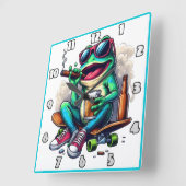 Kikker feesten op een skateboard met drinken! vierkante klok (Hoek)