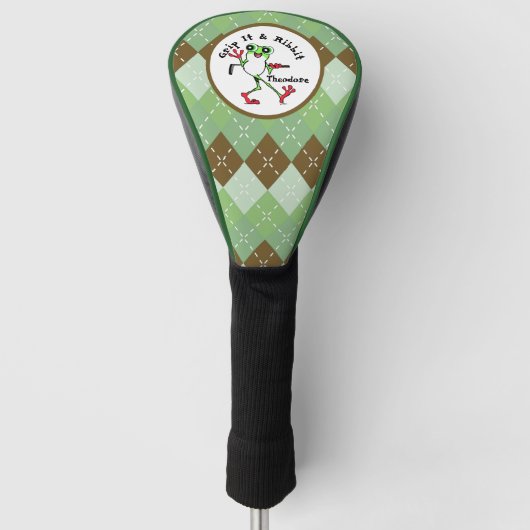 Kikker Golfen Grip It en Ribbit Groen Bruin Argyle Golfheadcover (Voorkant)