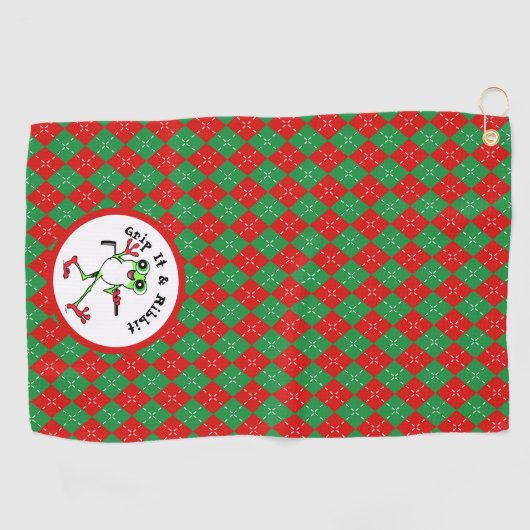 Kikker Golfen Grip It en Ribbit Red Green Argyle Golfhanddoek (Horizontaal)