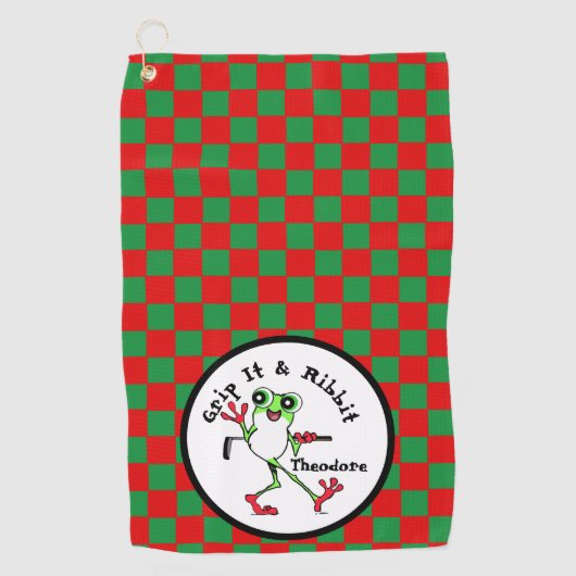 Kikker Golfen Grip It en Ribbit Rood & Groen Check Golfhanddoek (Voorkant)
