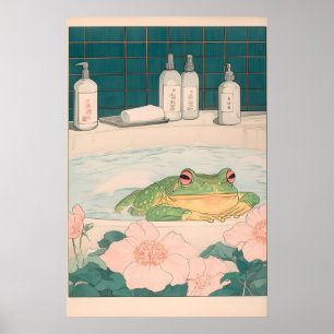 Kikker in badkuip kunstprint Japandi badkamer muur Poster