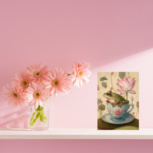 Kikker in Blauwe Bloemen Theekop met Lotus Flower Feestdagenkaart