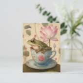 Kikker in Blauwe Bloemen Theekop met Lotus Flower Feestdagenkaart (Staand voorkant)