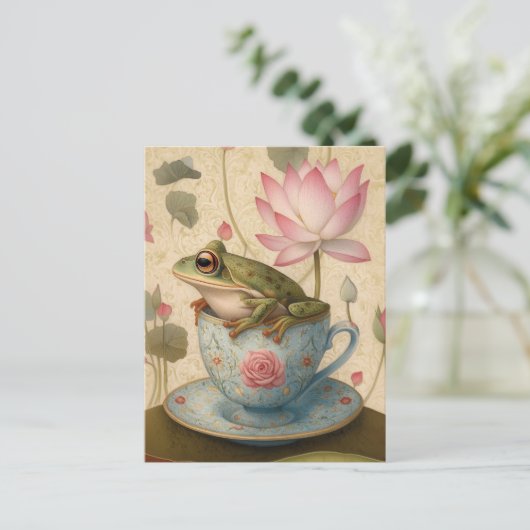 Kikker in Blauwe Bloemen Theekop met Lotus Flower Feestdagenkaart (Staand voorkant)