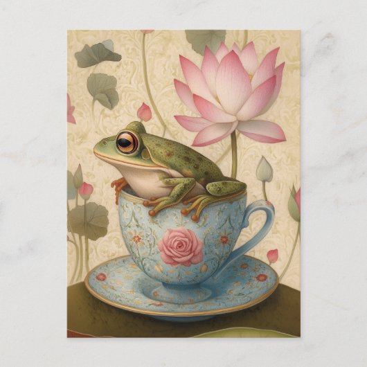 Kikker in Blauwe Bloemen Theekop met Lotus Flower Feestdagenkaart (Voorkant)