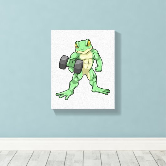 Kikker in Bodybuilding met Dumbbell Canvas Afdruk (Insitu (Houten vloer))