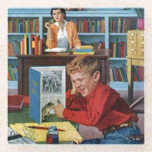 Kikker in de bibliotheek glazen onderzetter